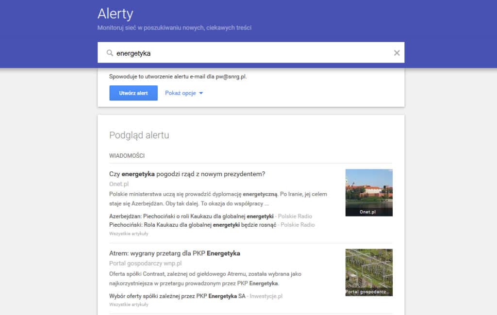 Google Alert do monitorowania mediów